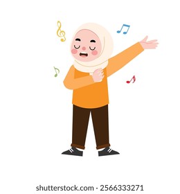 Happy Muslim Girl Singing Cartoon Illustration Child in Hijab Musical Notes