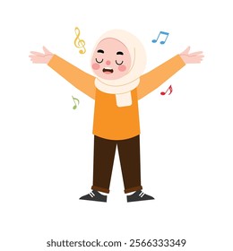 Happy Muslim Girl Singing Cartoon Illustration Music Notes Child Joyful Happy Expression