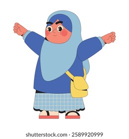 Happy Muslim Girl With Sling Bag Cartoon Illustration