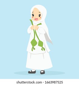 Happy Muslim girl in white dress and hijab holding ketupat in both hands celebrating Ramadan, cartoon vector.