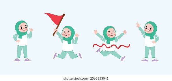Happy Muslim Girl Winning Race Celebration Success Achievement Cartoon Illustration