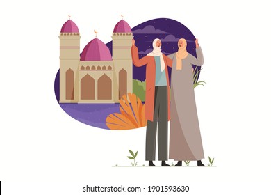 Happy Muslim Girls Islamic Illustration. Flat Character Illustration. Islamic Mosque Background.