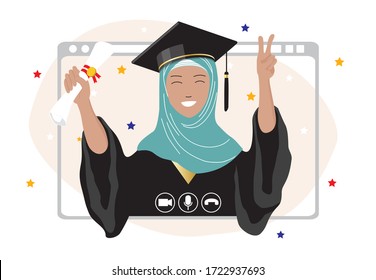 Happy muslim graduate student girl in cape, hat attending Class of 2020 graduation ceremony celebrating via video call remotely online. Quarantine social distancing measure to stop coronavirus. Vector