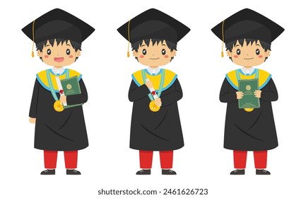 Happy Muslim Indonesia elementary student boy graduate from school character vector set with different gestures.