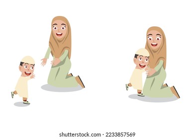 Happy Muslim kid boy coming to his mother for hug that wearing long dress hijab or robe or gamis.