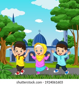 Happy muslim kid cartoon in front of mosque background