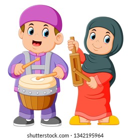 Happy muslim kid cartoon playing traditional musical instruments