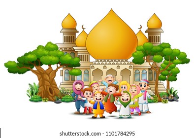 Happy Muslim Kids Cartoon In Front Of A Mosque