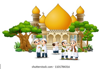 Happy Muslim Kids Cartoon In Front Of A Mosque