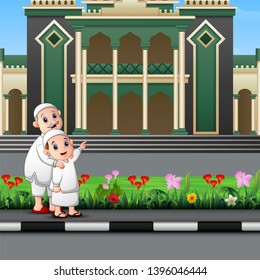 Happy Muslim Kids cartoon in front of a mosque
