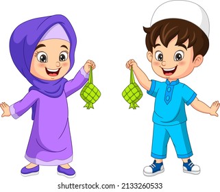 Happy muslim kids cartoon holding a ketupat