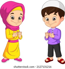 Happy muslim kids cartoon praying