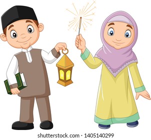 Happy Muslim kids with Quran Book and Ramadan Lantern