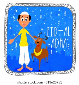Happy Muslim man with goat on Mosque silhouetted blue background for Islamic Festival of Sacrifice, Eid-Al-Adha celebration.