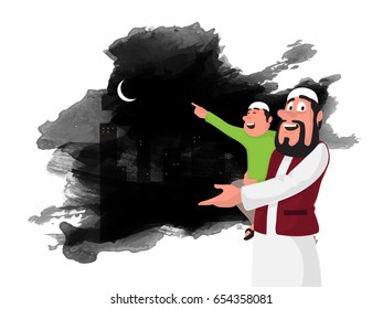 Happy Muslim Man with his son watching moon, Creative abstract brush strokes background for Eid Mubarak celebration.