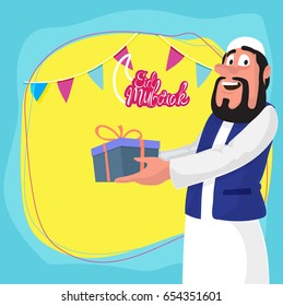 Happy Muslim man holding gift box on occasion of Islamic blessed festival Eid Mubarak.