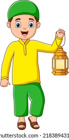 Happy muslim man holding lantern isolated on white background