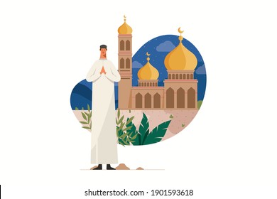 Happy Muslim Man Islamic Illustration. Flat Character Illustration. Islamic Mosque Background.