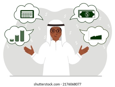 Happy muslim man thinking about finances. In my thoughts money, calculator, charts. For posters, banners, websites. Vector flat illustration