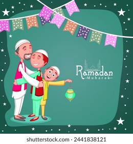 Happy Muslim men hugging each other on occasion of holy month of Muslim community, Ramadan Kareem celebration.
