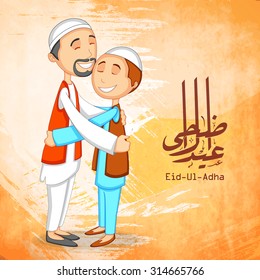 Happy Muslim men hugging each other and Arabic Islamic calligraphy of text Eid-Ul-Adha on orange color splash background for Festival of Sacrifice celebration.