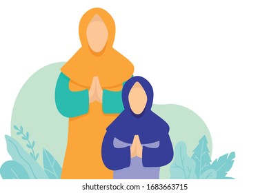 Happy muslim Mom and Little Girl greeting celebrating eid mubarak, Ramadan Kareem vector illustration
