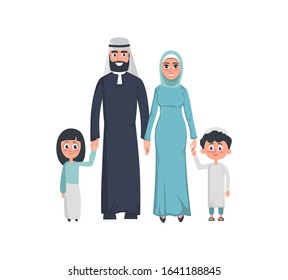 Happy muslim mother and father with kids vector illustration. Wife and husband with daughter and son in traditional costumes flat style design. Family concept. Isolated on white