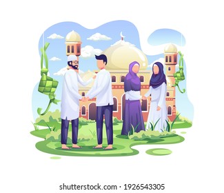 Happy Muslim People Celebrate Eid Mubarak By Shaking Hands In The Front Of Mosque Vector Illustration