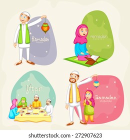 Happy Muslim people celebrating and following their rituals on occasion of holy month Ramadan Kareem celebration.