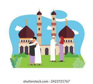 Happy muslim people congratulate each other celebrating Eid al-Fitr flat 2d vector illustration