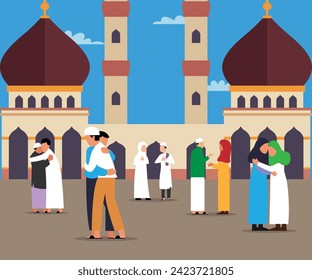 Happy muslim people congratulate each other celebrating Eid al-Fitr flat 2d vector illustration