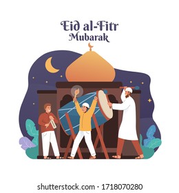 Happy muslim people hitting drum and celebrating Eid mubarak