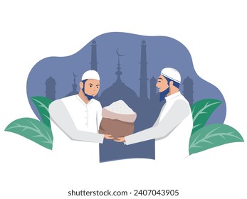 Happy Muslim Portrait people giving donation Zakat to Poor Old Man while Ramadan Month Islamic obligation of donation and charity flat style vector illustration