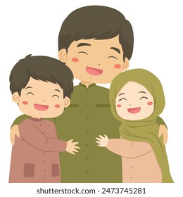 Happy Muslim son and daughter hugging their father. Parent and children cartoon character vector