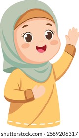 A happy Muslim woman in a beige hijab waves with joy, spreading positivity and warmth.