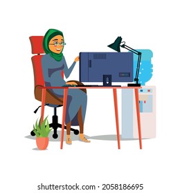 happy muslim woman ceo reading financial report on computer screen cartoon vector. happy muslim woman ceo reading financial report on computer screen character. isolated flat cartoon illustration
