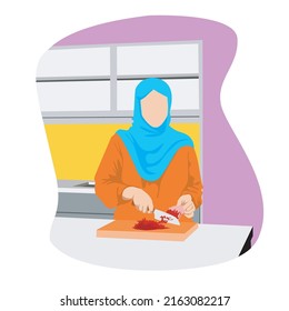 Happy Muslim woman cooking halal food