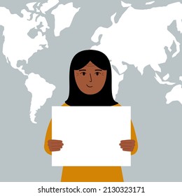 Happy muslim woman holds and shows a white blank sheet, or a poster. Against the backdrop of the karate of the world. Vector flat illustration