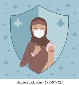 Happy muslim woman in medical face mask raising thumbs up and shows bandage after injection of the flu vaccine. Coronavirus vaccination vector flat illustration.