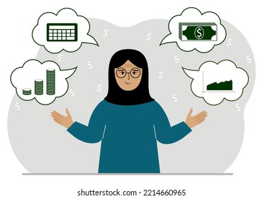 Happy muslim woman thinking about finances. In my thoughts money, calculator, charts. For posters, banners, websites. Vector flat illustration