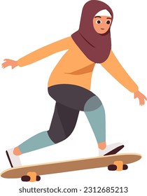 Happy muslim young woman with veil on a skateboarding on white background. Concept of muslim woman independence and autonomy