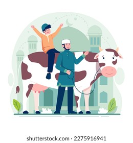 Happy muslims celebrate eid al adha flat illustration