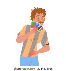 Happy Mustached Man with Cards Playing Board Game Having Fun on Weekend Vector Illustration