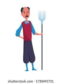 Happy mustachioed man gardener or farmer with pitchfork on a white background. Cartoon character of man farming concept illustration. Design element of a private farm