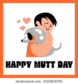 Projeto vetorial feliz Mutt dia com menino abraçando cão.