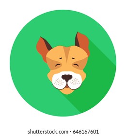 Happy muzzle of Jack Russell Terrier flat icon on green circle background with shadow. Vector illustration of hunting breed of dogs, small size.  