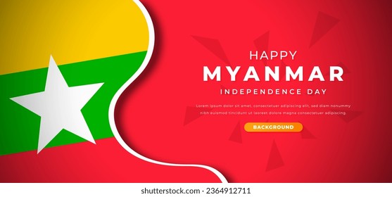 Happy Myanmar Independence Day Design Paper Cut Shapes Background Illustration for Poster, Banner, Advertising, Greeting Card