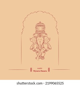 happy mysore dasara elephant with ambari line drawing illustration