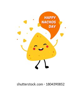 Happy Nachos Day card, vector illustration with cute cartoon style nachos chip character, happy and celebrating.