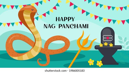 Happy Nag Panchami greeting card with king cobra. Snake Festival in India. Vector illustration